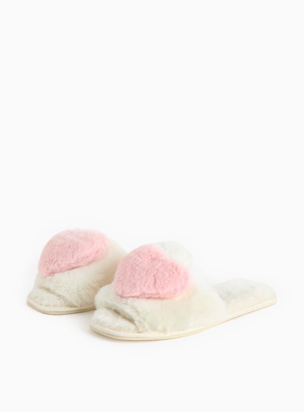 Cream 3D Heart Open Toe Faux Fur Slippers