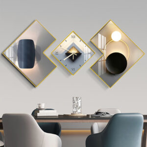 3Pcs Modern Geometric Wall Clock Decor Set Canvas Painting Wall Clocks with Gold Frame