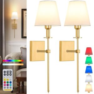 Aiehnid Battery Operated Wall Lights Set of 2,Gold Rechargeable Wall Lights with Remote Wireless Light for Wall,9 Colors Modes Cordless Indoor Battery Wall Sconce for Bedroom Living Room Hallway