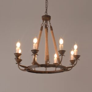 Candlely Rustic Flaxen Hemp Rope & Metal 8-Light Round Candelabra Chandelier in Rust