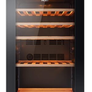 Haier HWS49GA Freestanding Wine Cooler, Single Zone 49 Bottle Single Zone Temperature, 49 Bottle Storage, Anti-UV Glass Door, Anti-Vibration Shelves, 49.7cm wide, Black, F Rated