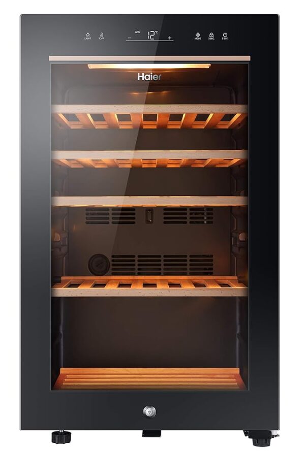 Haier HWS49GA Freestanding Wine Cooler, Single Zone 49 Bottle Single Zone Temperature, 49 Bottle Storage, Anti-UV Glass Door, Anti-Vibration Shelves, 49.7cm wide, Black, F Rated