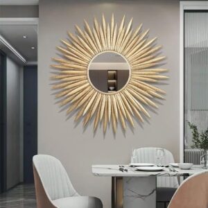 homary 33.7 Inch Gold Rising Sun Shaped Metal Wall Mirror, Living Room Decorative Art Wall Mirror with Embossed Design, Gold Metal Frame