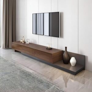 Homary Minimalist Retracted & Extendable 3 Drawers TV Stand in Walnut & Grey Fero (Up to 120")