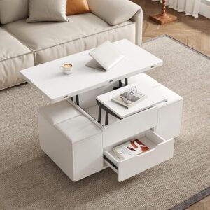 Homary White Lift-Top Coffee Table with Hidden Storage, 3-in-1 Multi-Function Modern Folding Centre Table with 4 Stools and Lockable Castors (White)