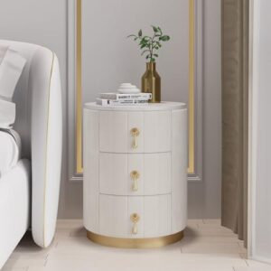 Homary White Velvet Nightstand with Storage. Round Bedside Table with 3 Drawers & Stone Top Elegant Night Table for Bedroom & Living Room