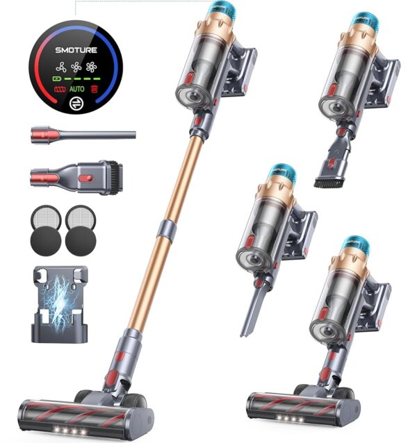 SMOTURE Cordless Vacuum Cleaner, 550W 45KPA Stick Vacuum with Touch Screen, Up to 60 Mins Runtime, Self-Standing Vacuum with Auto Mode, Lightweight Vacuums for Hardwood Floor...