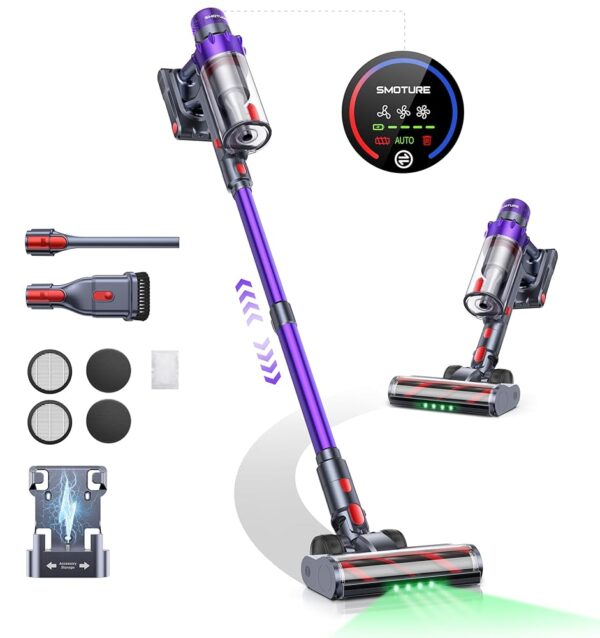 SMOTURE Cordless Vacuum Cleaner, 550W 45KPA Stick Vacuum with Touch Screen, Up to 60 Mins Runtime, Self-Standing Vacuum with Auto Mode, Lightweight Vacuums for Hardwood Floor...