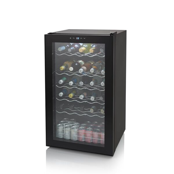 Swan SR12040BN 34 Bottle Glass Fronted Wine Cooler with Reversible Door, LED Display, 80L Capacity, Black