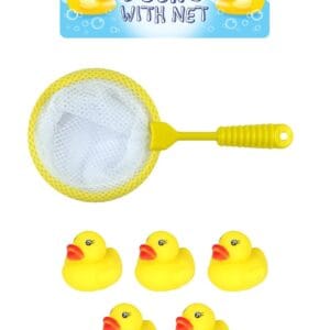5 Mini Yellow Rubber Ducks with Fishing Net, Baby Toddler Bath Toy, Great for Paddling Pool Games and Bathtub Play (One Pack)