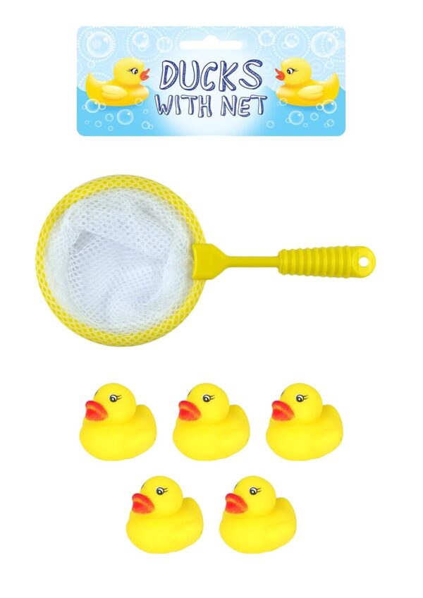 5 Mini Yellow Rubber Ducks with Fishing Net, Baby Toddler Bath Toy, Great for Paddling Pool Games and Bathtub Play (One Pack)