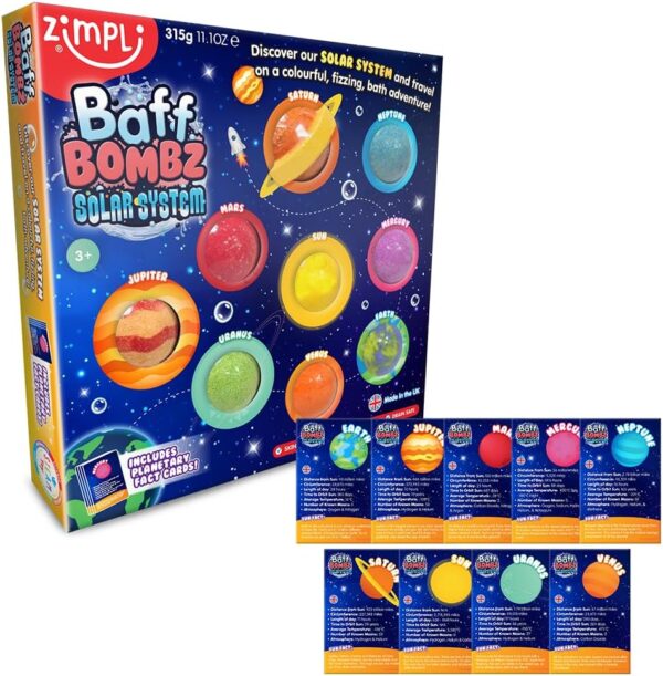9 x Solar System Bath Bombs Gift Set, 9 x Planetary Fact Cards, Educational Planet Bath Bombs for Children, Science Kits for Boys & Girls, Bath Toy Birthday Presents, Learning...