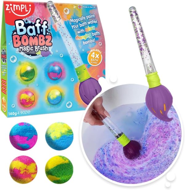 Baff Bombz Magic Brush from Zimpli Kids, 4 x Bath Bombs, Magically Paint your Bath Water, Pocket Money Creative Toy for Children, Birthday Gifts for Boys & Girls , Moisturising...