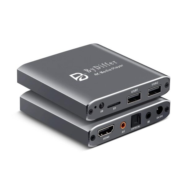 ByDiffer 4K Ultra HD Digital Media Player, TV MP4 Video Player for USB Drive/Micro SD Card, H.265/HEVC, Auto Playback, Digital Signage, HDMI/AV/Optical Output (Grey)