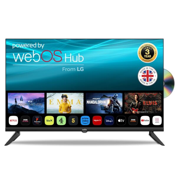 Cello C3224WSF 32 inch Smart Frameless TV and DVD Ultrafast WebOS, Freeview Play, FreeSat, Bluetooth, Netflix, Prime Video, Apple TV, BBC. UK Made