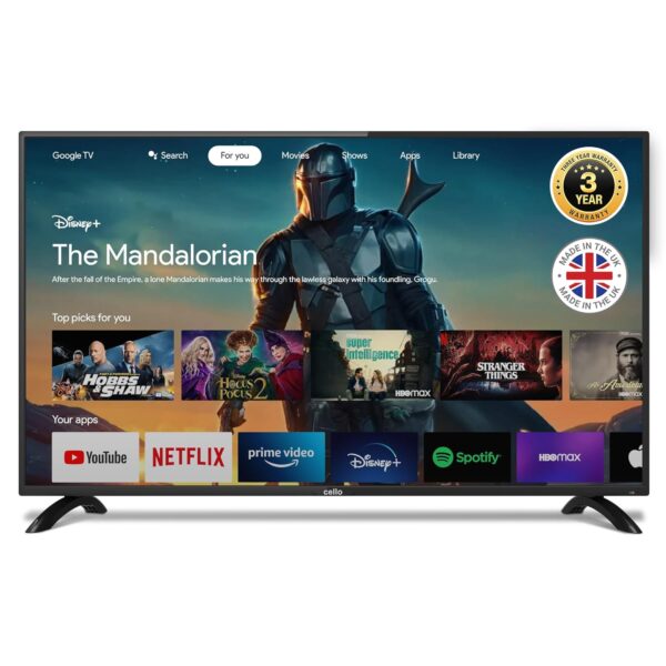 Cello Y22ZG0234 Google 43 inch Smart Android TV, 3 Years Warranty, Freeview Play, Google Assistant, Google Chromecast, Disney+, Prime Video, Apple TV+, BBC iPlayer Full HD...