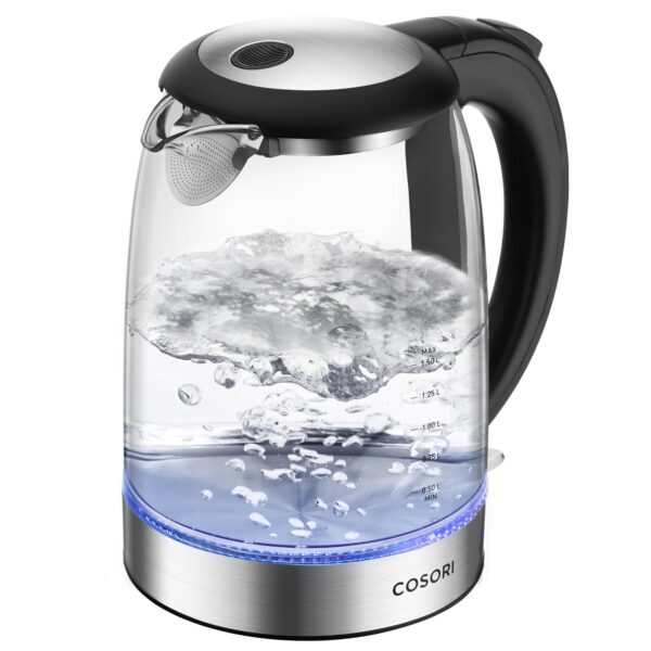 COSORI Electric Kettle Glass, 3000W with No Plastic Filter & Spout, Stainless Steel Inner Lid, Quiet Fast Boil with Blue LED, BPA Free, Smart Boil-Dry Protection, Black Small...