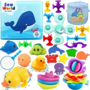 Dolphin Baby Bath Toy Set, 32PCS Floating Ocean Animal Themed Bath Squirt Toys With Baby Bath Books, Suction Spinners, Fishing Net, Education Teaching and Learning Toys for...