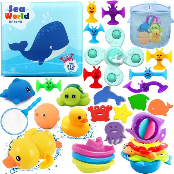 Dolphin Baby Bath Toy Set, 32PCS Floating Ocean Animal Themed Bath Squirt Toys With Baby Bath Books, Suction Spinners, Fishing Net, Education Teaching and Learning Toys for...