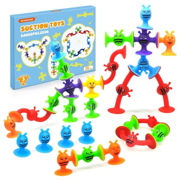 ECHOCUBE Suction Toys, 28 Pcs Silicone Suction Cup Bath Toys for Kids 3+ Years Old, Sensory Sucker Toys, Stress Relief Toys Travel Toys for Toddlers & Adults