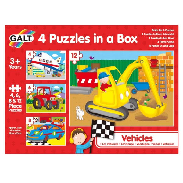 Galt 4 Puzzles in a Box - Fun Colourful Vehicle Jigsaw Puzzles for 3 Year Olds - 4 in 1 Childrens Puzzle Collection - Matching and Sorting Skills - 4, 6, 8 and 12 Piece Kids...