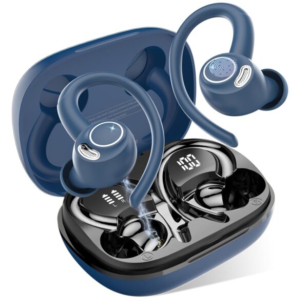 Jesebang Wireless Earbuds, Bluetooth 5.3 Headphones, 2025 Wireless Earphones HiFi Stereo Sound with ENC Mic, Sport Headsets in Ear EarHooks for Running, 40H Dual LED Display, Blue