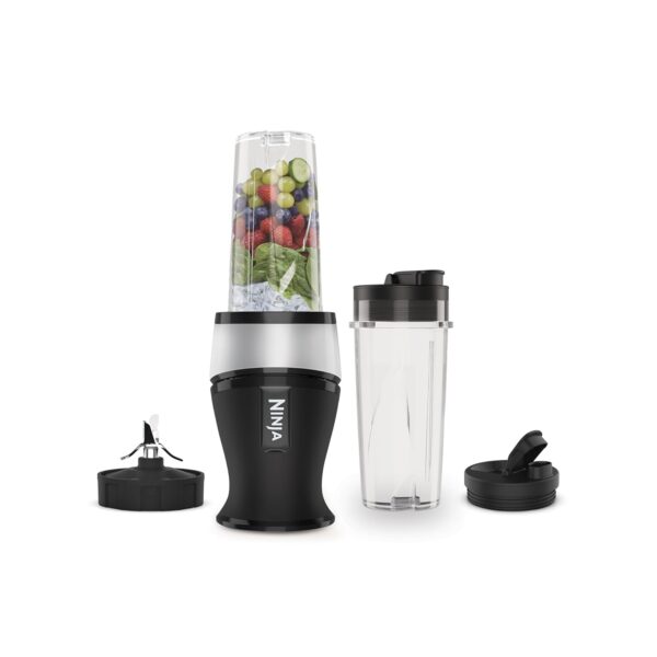 Ninja 700 W Slim Blender & Smoothie Maker, 2 x 470 ml cups with spout lids, personal blender, crush ice & frozen fruit, silver/black, QB3001UKS