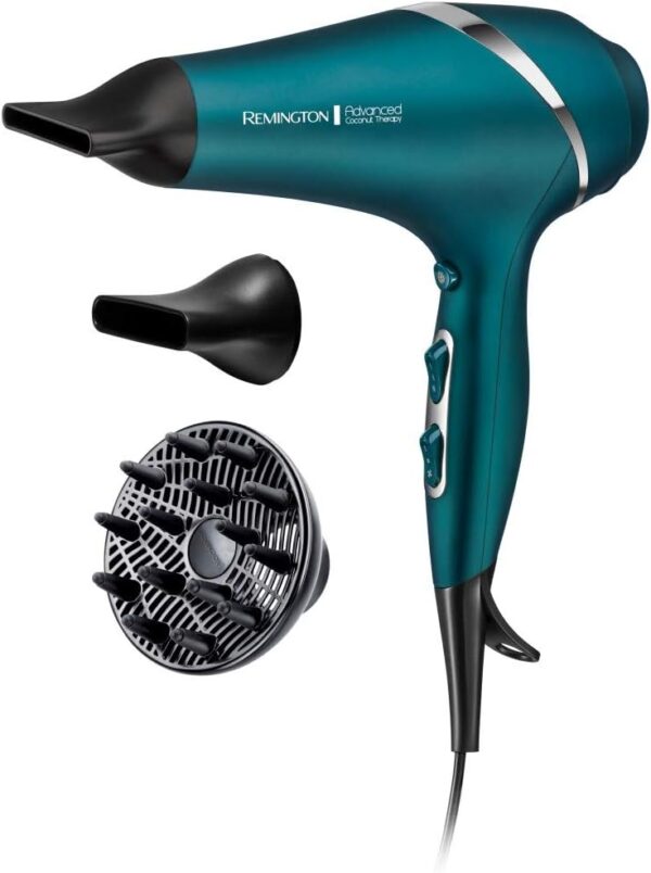 Remington Advanced Coconut Therapy Hair Dryer (Infused with Coconut and UV Filters to Nourish Hair, Smooth and Shiny Results, Powerful, Fast, Diffuser, 2 Concentrators,...