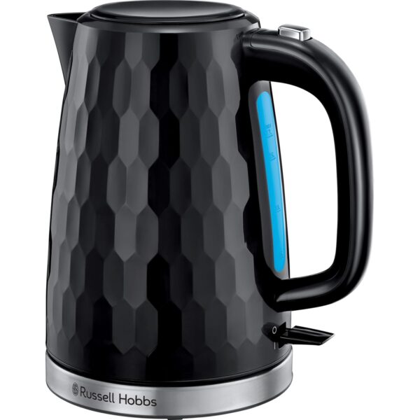 Russell Hobbs Honeycomb Electric 1.7L Cordless Kettle (Fast Boil 3KW, Black premium plastic, matt & high gloss finish, Removable washable anti-scale filter, Push button lid,...