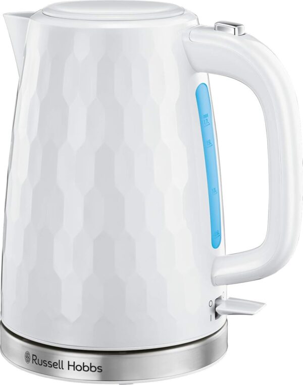 Russell Hobbs Honeycomb Electric 1.7L Cordless Kettle (Fast Boil 3KW, White premium plastic, matt & high gloss finish, Removable washable anti-scale filter, Push button lid,...