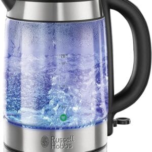 Russell Hobbs Illuminating 1.7L Electric Cordless Glass Kettle with black/brushed stainless steel accents (Fast Boil 3KW, Washable anti-scale filter, Button to open lid, Perfect...