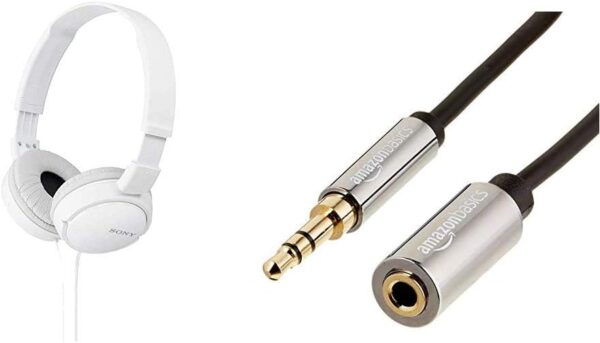 Sony MDR-ZX110/WC(AE) Overhead Headphones - White & Amazon Basics - Stereo Audio Extension Cable (3.5mm Male to Female, 3.6m Connector)