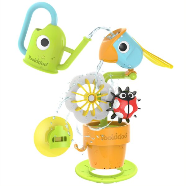 Yookidoo Watering Can Baby Bath Toy (Ages 1-3) Spinning Lady Bug & Tipping Bird Toy with 3 Moving Pieces (Mold Free) - Attaches to Tub Wall for Easy Toy Holder and Storage - for...