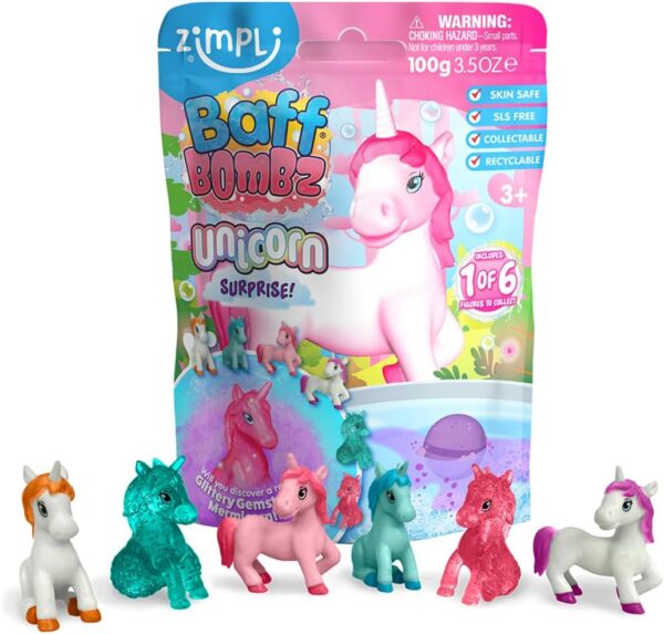 Zimpli Kids Large Unicorn Surprise Bath Bomb, 6 Surprise Unicorn Toys to Collect in Total, One Per Bath Bomb, Children's Collectable Bath Toy, Stocking Filler Toy, Xmas Present...