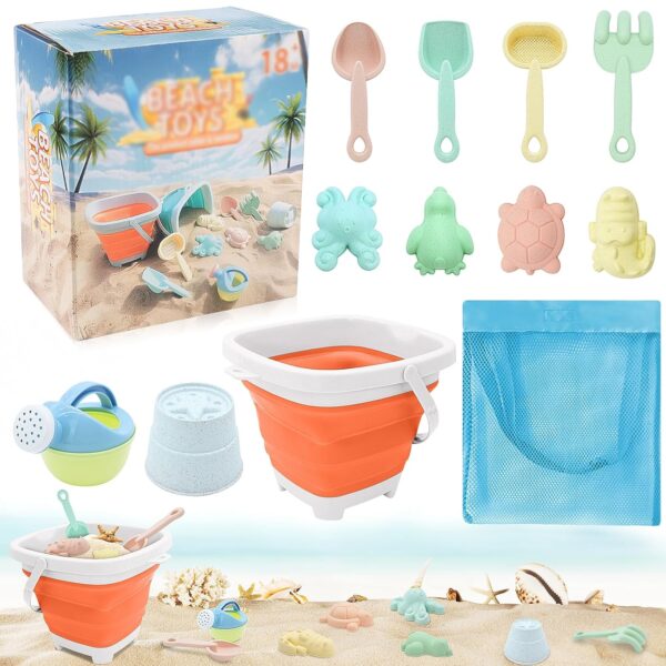 12 Pcs Foldable Beach Toys Set for Kids Sand Play Kit Bucket and Spade Beach Set Kids Collapsible Bucket, Moulds, Tools & Mesh Bag Portable Outdoor Sandpit Toys for Children