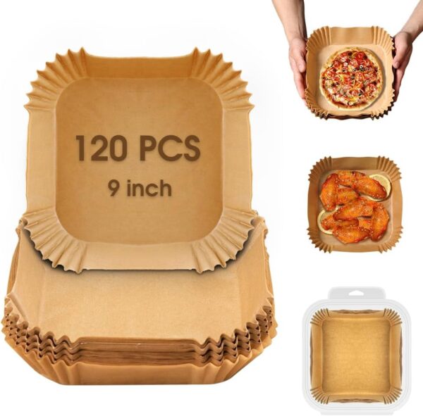 120pcs Air Fryer Paper Liners, 9inch Square Air Fryer Disposable Liners, Food Grade Parchment Paper Liners Oil-Proof Water-Proof for Air Fryer Microwave Oven
