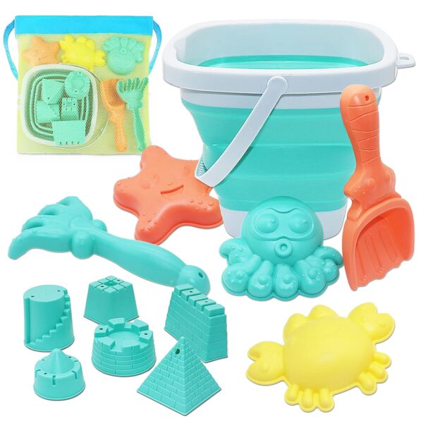 13pcs Beach Toy Set, Foldable Beach Bucket with Castle and Sea Animal Molds, Sand Shovels, Mesh Bag - Outdoor Fun Sand Tools for Kids