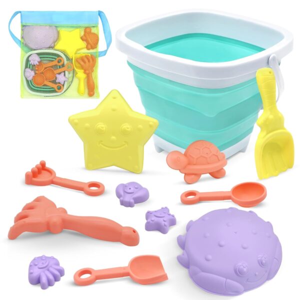 13pcs Bucket Beach Toys, Play Sand Toys Set Including Spade Bucket Mesh Bag and Mini Molds, Sand and Water Outdoor Fun Tools for Boys Girls