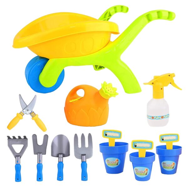 14 Pieces Kids Garden Wheelbarrow Play Set Sand Pit Beach Garden Tools Trolley Toy