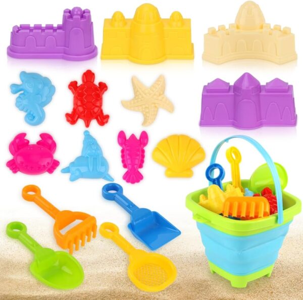 16 Pcs Kids Beach Sand Toys Sandcastle Building Kit, Toldder Play Sand Sit, Silicone Collapsible Castle Bucket, Spade, Animals Mould, Shovel, Baby Beach Travel Sandpit Toy Set