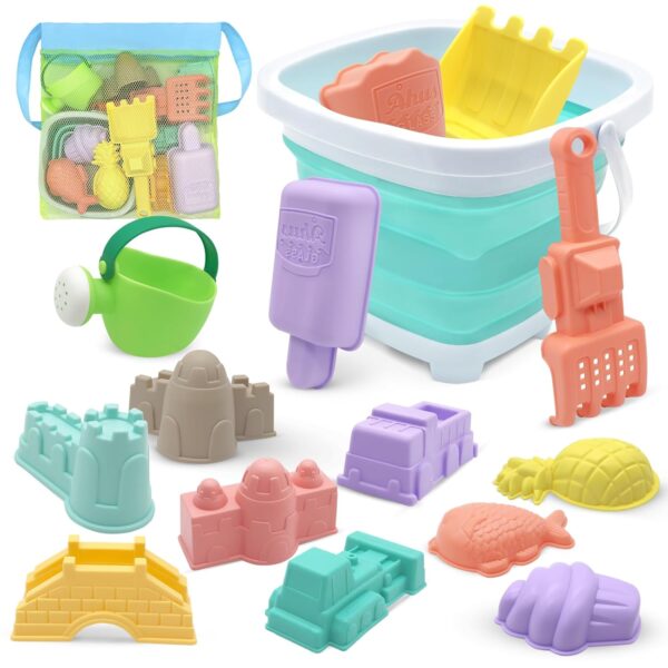 16pcs Bucket Beach Toy Set, Play Sand Toys Including Spade Bucket Sand Animal Castle Molds Mesh Bag, Sand and Water Outdoor Fun Tools for Boys Girls