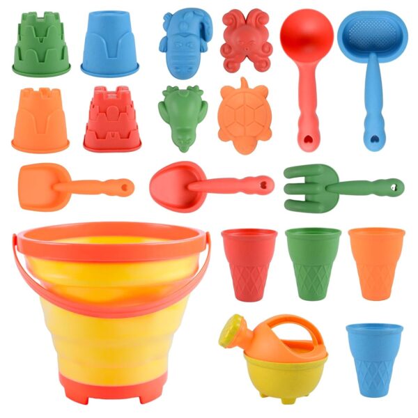 19 Piece Kids Beach Toy Set for 3 to 10 Years Old Includes Beach Car Sandbucket with 6 Inch Bucket 5 Shovels 12 Sand Molds and Mesh Beach Bag
