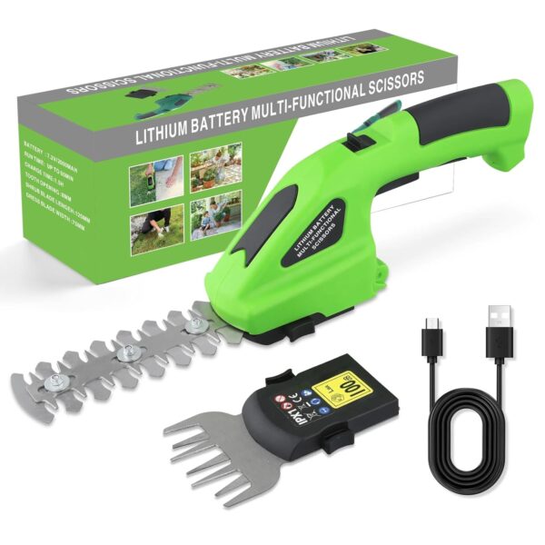 2 in 1 Cordless Hedge Trimmer, Electric Grass Cutter with Rechargeable Battery and 2 Interchangeable Blades, HandHeld Hedge Cutter for Lawn Edging, Leaf Pruning and Hedge Trimming