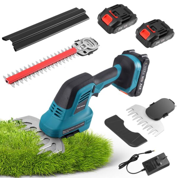 2 In 1 Cordless Hedge Trimmer & Grass Shear, 500W Rechargeable Garden Strimmer, Garden Tools Set with 2x Blades, 2x 21V 1500mAh Batteries and UK Charger for Hedges Branches...