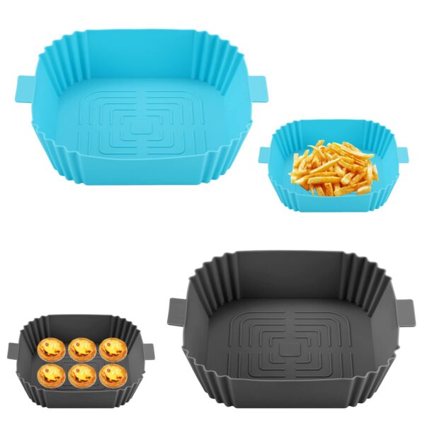 2 Piece Square Air Fryer Liners, 7.8" Air Fryer Silicone Basket, Reusable, Baking Mold, Replacement Baking Pan, for Air Fryer, Oven, Microwave (Blue, Grey)