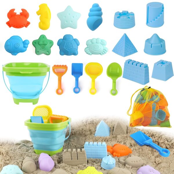 20PCS Beach Toys Set，Bucket and Spade Beach Set Kids With Collapsible Bucket Marine Animal Sand Moulds and Shovels in Mesh Bag, Sand Pit Toys Summer Water Toy for Toddlers Kid...