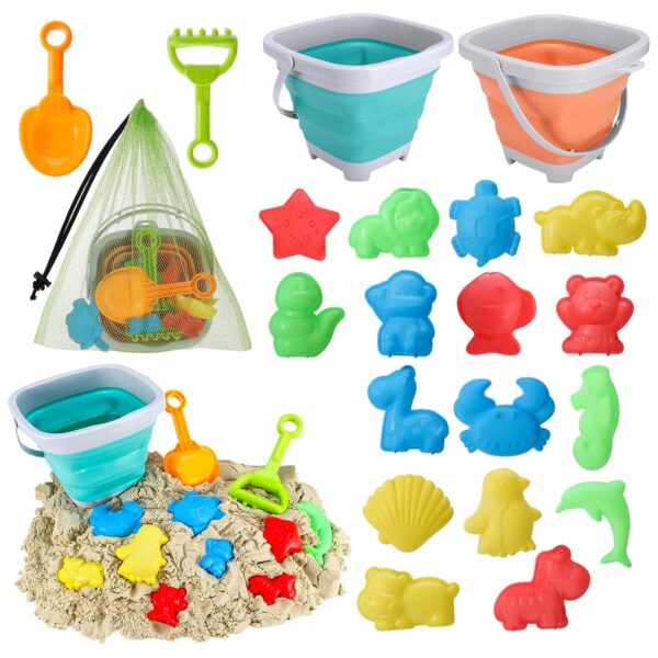 21Pcs Beach Toy Set,Foldable Beach Bucket with Sea Animals Molds Sand Shovels Mesh Bag,Play Sand Toys Kit Outdoor Fun Tools for Kids Boys Girls