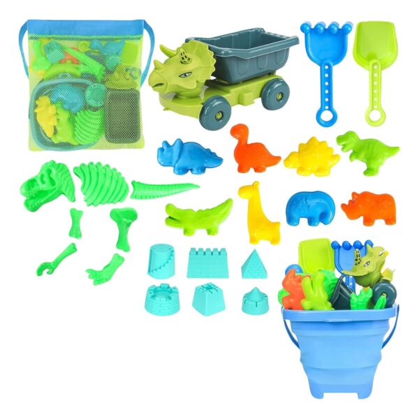 26PCS Beach Toys, Dinosaur Sand Pit Toys with 1 Truck Collapsibles Beach Bucket Mesh Bag Sandcastle Building Kit, Sandpit Toy for Toddlers Boys Girls