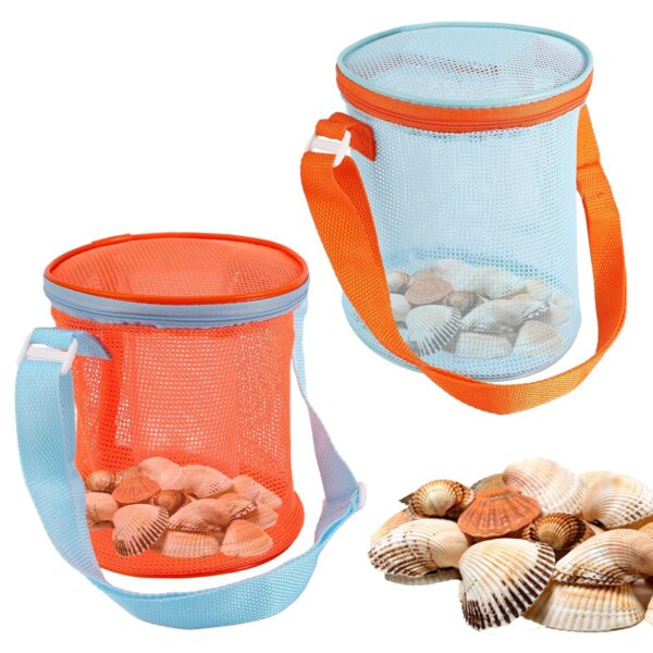 2pcs Beach Toys Mesh Bags, 6.5x6 Inch Adjustable Shoulder Strap Beach Seashell Shell Bag Practical Sand Toy Storage for Kids Pool Outdoor Activities (Orange, Blue)