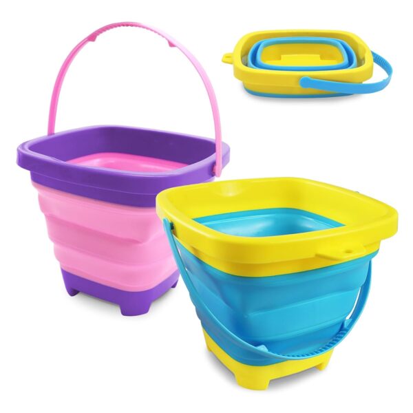 2pcs Foldable Beach Play Sand Pails, Collapsible Buckets with Handle for Kids, Outdoor Summer Beach Camping (Pink-Purple+Blue-Yellow)